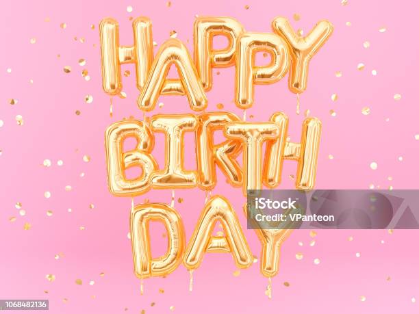 Buon Compleanno Testo Congratulazioni Palloncini In Foil Oro Su Sfondo Rosa - Fotografie stock e altre immagini di Compleanno