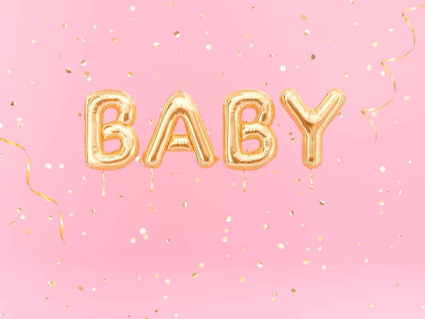 istock Baby word balloon golden text on pink background 1068482182