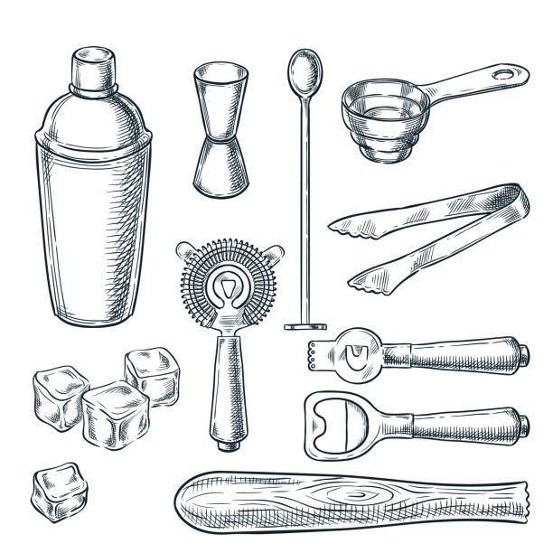 illustrations, cliparts, dessins animés et icônes de cocktail-bar d’outils et d’équipement vecteur esquisse illustration. icônes dessinés à la main et à concevoir des éléments de travail de barman - shaker