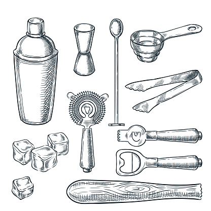 Cocktail bar tools and equipment vector sketch illustration. Hand drawn icons and design elements for bartender work.