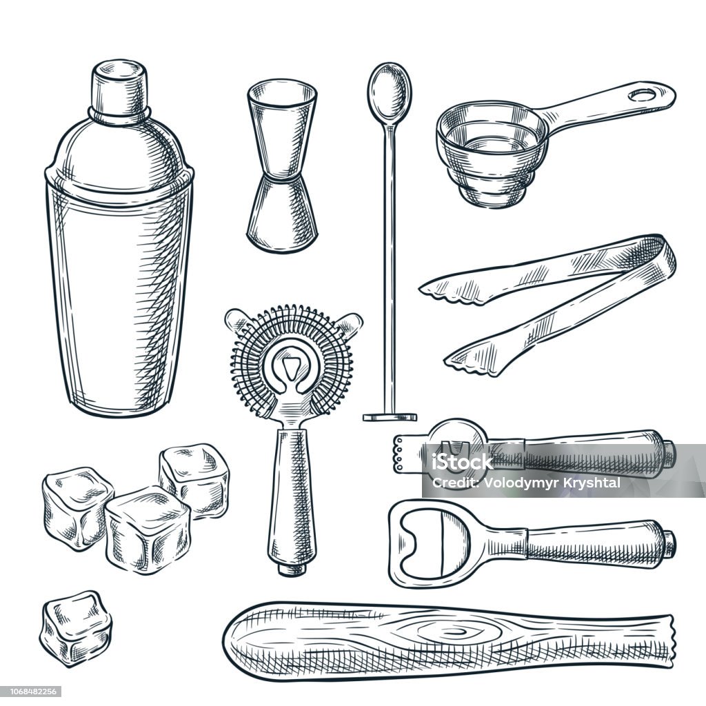 Cocktail bar tools and equipment vector sketch illustration. Hand drawn icons and design elements for bartender work Cocktail bar tools and equipment vector sketch illustration. Hand drawn icons and design elements for bartender work. Bartender stock vector