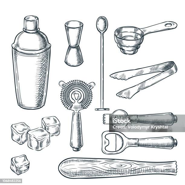 Cocktail Bar Tools And Equipment Vector Sketch Illustration Hand Drawn Icons And Design Elements For Bartender Work Stock Illustration - Download Image Now