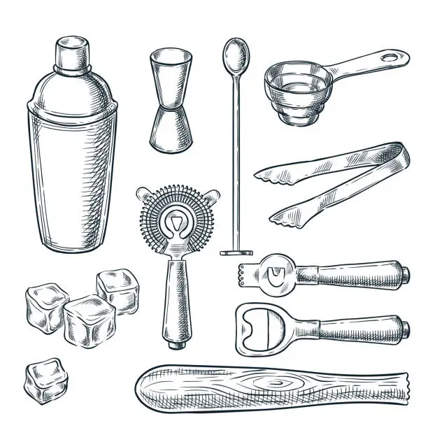Vector illustration of Cocktail bar tools and equipment vector sketch illustration. Hand drawn icons and design elements for bartender work