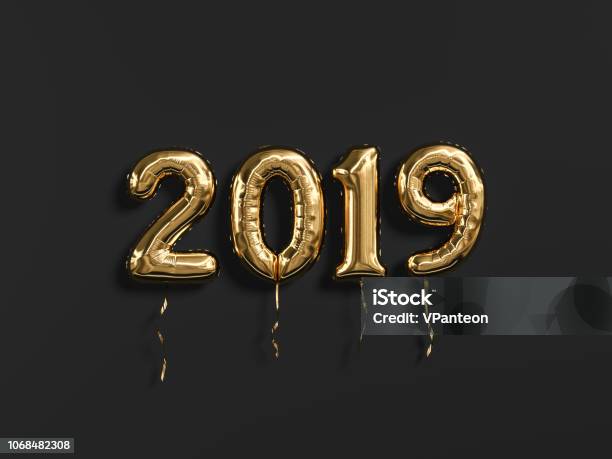 2019 新年祭典ゴールド箔の風船数字 2019 と黒の壁の背景に - 風船のストックフォトや画像を多数ご用意 - 風船, 数字, 金属 金