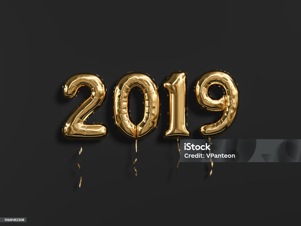 New year 2019 celebration. Gold foil balloons numeral 2019 and on black wall background. New year 2019 celebration. Gold foil balloons numeral 2019 and on black wall background. 3D rendering Balloon Stock Photo