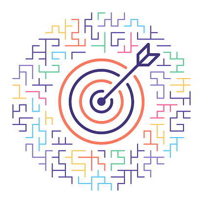 Line vector icon illustration of target audience with maze background.