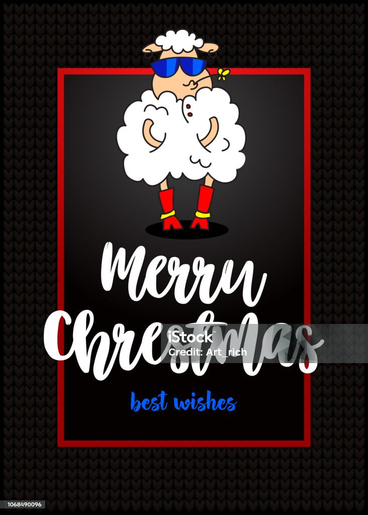 glamorous sheep in fashionable glasses and a flower in the mouth. Beautiful greeting card Merry Christmas on black background glamorous sheep in fashionable glasses and a flower in the mouth. Beautiful greeting card Merry Christmas on black background. Vector illustration Animal stock vector