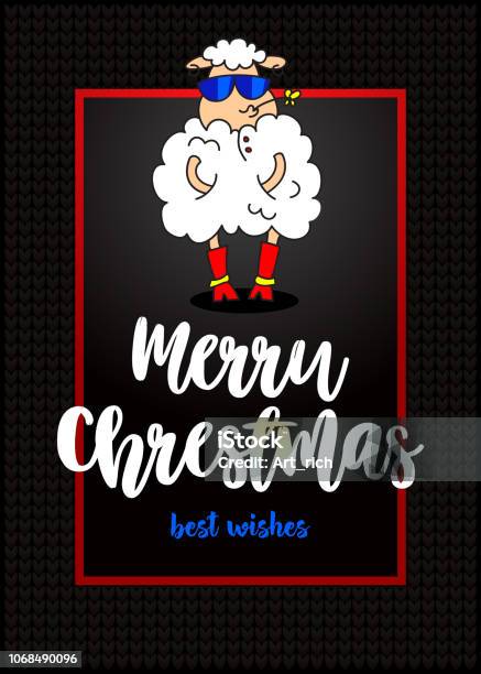 Glamorous Sheep In Fashionable Glasses And A Flower In The Mouth Beautiful Greeting Card Merry Christmas On Black Background Stock Illustration - Download Image Now