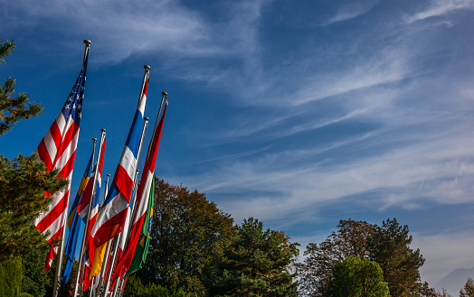 Group og Europeans flag outdoors, on sky background