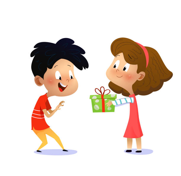 Girl Gives Boy A Present Stock Illustration - Download Image Now - Gift,  Giving, Child - iStock