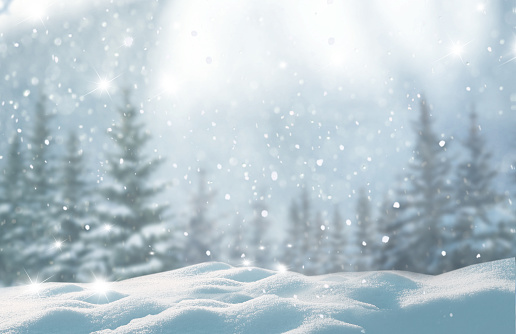 Feliz Navidad y feliz año nuevo saludo fondo con copia espacio. Paisaje de invierno hermosa con nieve cubierto de árboles. photo