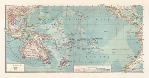 illustrations, cliparts, dessins animés et icônes de carte topographique historique de l’océanie, lithographie, publié en 1897 - philippines map cartography asia