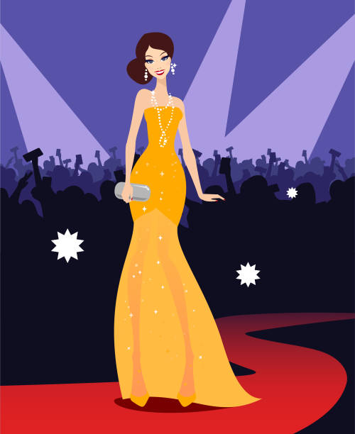 Young woman star on a red carpet Young woman star posing in a beautiful evening dress on a red carpet. fame illustrations stock illustrations