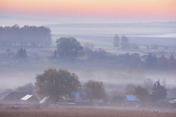 istock Autumn landscape. Fields and trees in mist at sunrise blue hour 1068517284