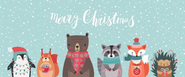 Christmas card with animals, hand drawn style. Christmas card with animals, hand drawn style. Woodland characters, bear, fox, raccoon, hedgehog, penguin and squirrel. Vector illustration. winter illustrations stock illustrations