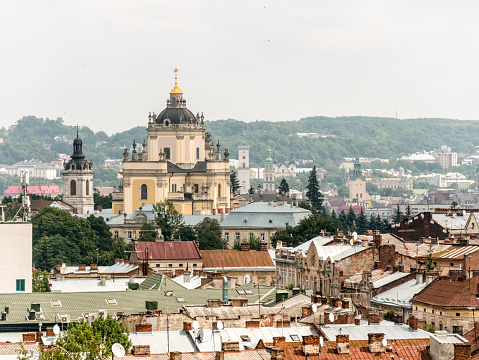 View from the observation deck of the church of Church of Sts. Olha and Elizabeth to the Church of St. George's Cathedral in Lviv.