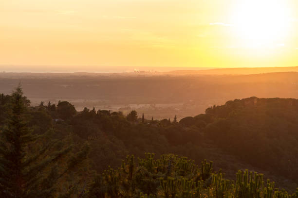 Tuscany foggy panorama, rolling hills and green fields on sunset. Italy, Europe
