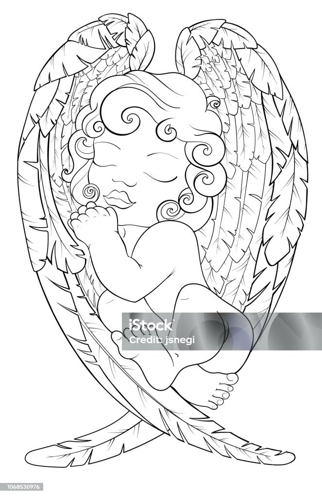 Coloring page for adult, kids coloring book, notebook with sleeping baby angel on his wings. Christmas boy. Black and white pattern for your design, textile, poster, bullet journal. Christmas scene of baby angel and his wings. Black and white. Pattern the best for your design, textiles, posters, coloring book, bullet journal. Angel stock vector