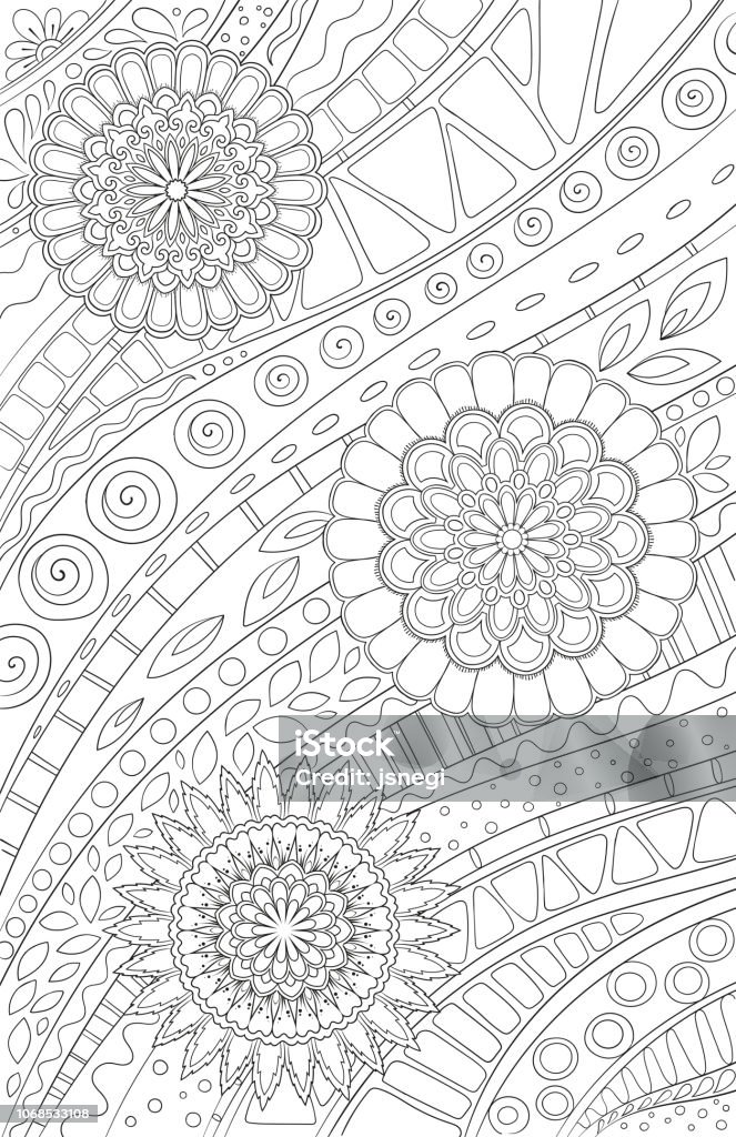 Coloring page for adult and kids coloring book or bullet journal. Doodle floral pattern with flowers and geometric lines. Black and white vector background. Coloring page for adult and kids coloring book or bullet journal. Doodle floral pattern with flowers and geometric lines. Black and white vector background Adult stock vector