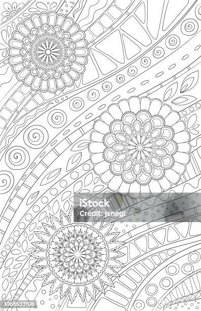 Coloring Page For Adult And Kids Coloring Book Or Bullet Journal Doodle Floral Pattern With Flowers And Geometric Lines Black And White Vector Background Stock Illustration - Download Image Now