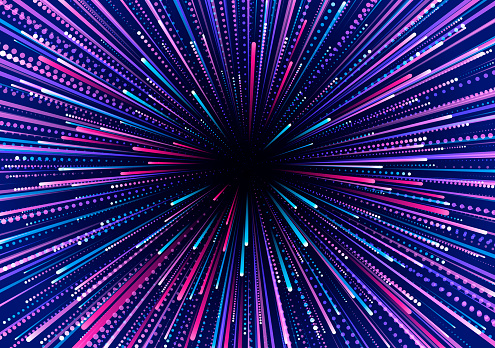 Abstract background of colored radial lines. Effects of acceleration, speed, motion and depth. Bright vector template