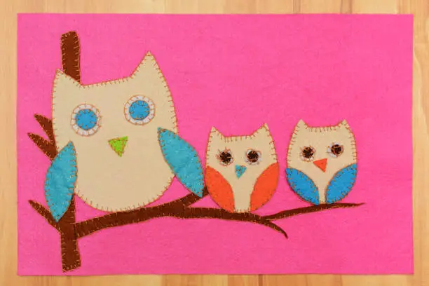 Photo of Soft toy pattern. Children's sewing textbook. Needlework is preparing tailoring a felt pattern. Three owls on a tree. Embroidered toy parts.
