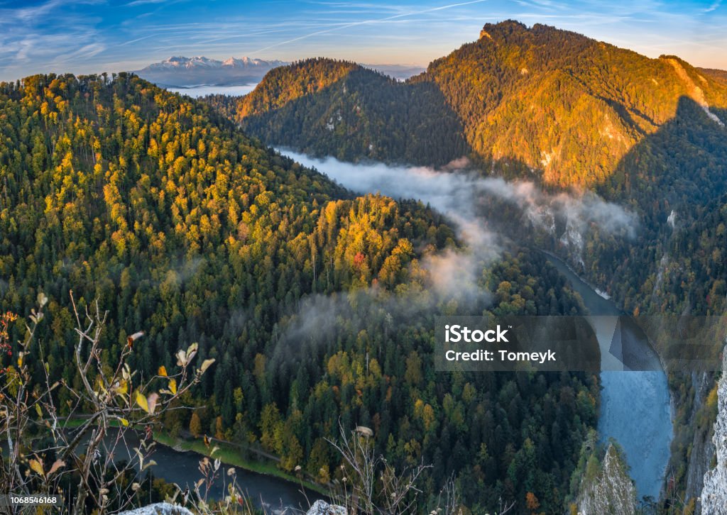 Dunajec river gorge panorama in Pieniny mountains, Poland Mountain Peak Stock Photo