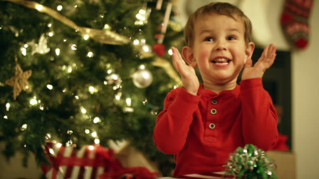 A Three Year-Old Caucasian Boy in a Red Shirt Laughs, Smiles, and Claps while Holding a Christmas Present in Front of a Christmas Tree on Christmas Day