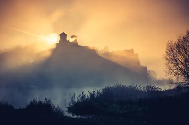 Krakow, Poland, abbey in Tyniec misty sunrise