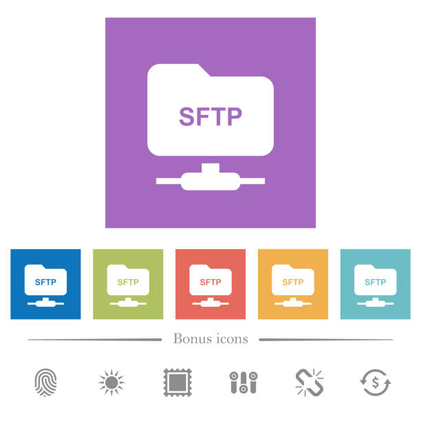 ftp над ssh плоские белые значки в квадратных фонов - certificated stock illustrations