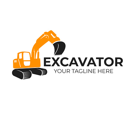 Excavator, construction and industrial machinery, transport and construction, logo design. Backhoe, digger and crawler excavator in working, vector design, illustration