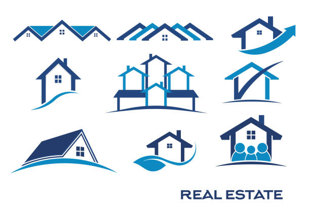 illustrazioni stock, clip art, cartoni animati e icone di tendenza di gruppo di set di loghi blue color per immobili - residential district immagine