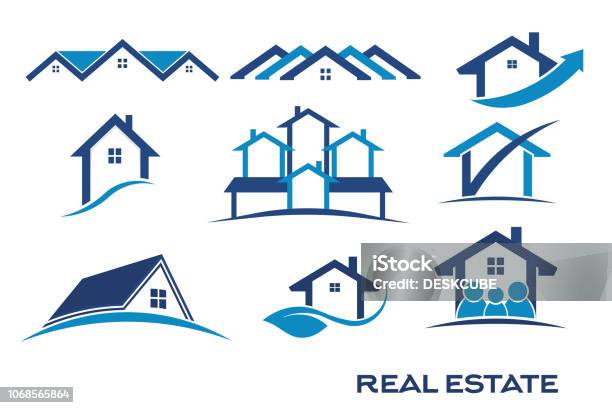 Group Of Blue Color Set Of Logos For Real Estate Stock Illustration - Download Image Now - House, Icon Symbol, Logo