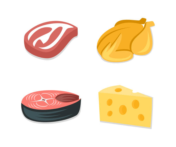 illustrations, cliparts, dessins animés et icônes de jeu d’icônes de nourriture steak bacon, poulet grillé, steak de poisson, tranche de fromage. nourriture ingrédient, repas, viande et produits laitiers, dessin vectoriel, illustration - bacon vector breakfast farm