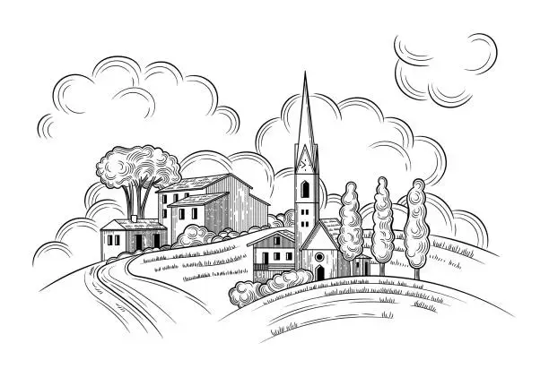 Vector illustration of Rural landscape with Villa or farmhouse, Church, field, trees and cypress trees. Vector illustration.