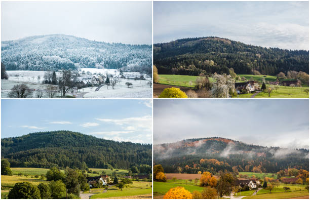 four seasons of year in european climate in southern germany as nature concept - snowy winter, blooming spring, rich summer, colorful autumn."ncollage with same view to landscape with mountains, fields - winter snow landscape field imagens e fotografias de stock