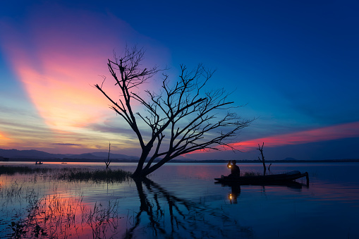 Fisherman of Bangpra Lake in action when fishing, Thailand.