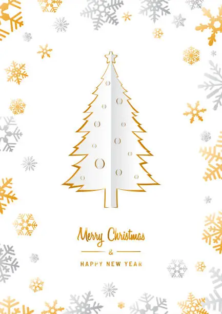 Vector illustration of Merry Christmas and Happy New Year origami card template. Greeting card invitation with Christmas pine trees and snowflakes.