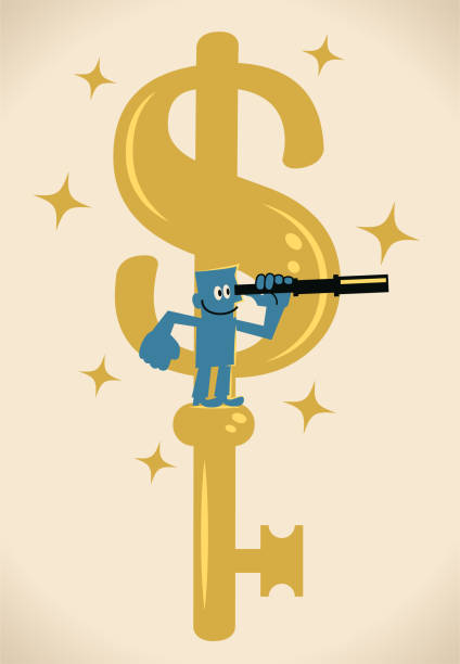 Businessman looking through hand-held telescope with gold dollar sign shaped key Blue Little Guy Characters Full Length Vector art illustration.Copy Space.
Businessman looking through hand-held telescope with gold dollar sign shaped key. currency chasing discovery making money stock illustrations