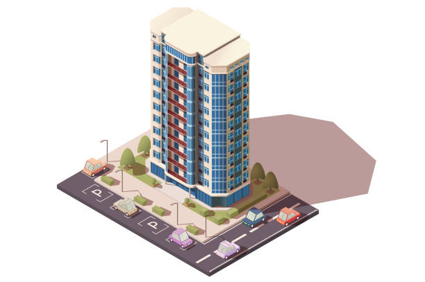 ilustrações, clipart, desenhos animados e ícones de grande, grande prédio com estacionamento com carros. - skyscraper construction built structure single object