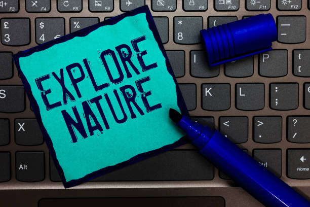 istock Writing Explore Nture text made in the office closeup on laptop computer keyboard. Business concept for Reserve Campsite Conservation Expedition Safari park Workshop on the black background with copy space 1068629702