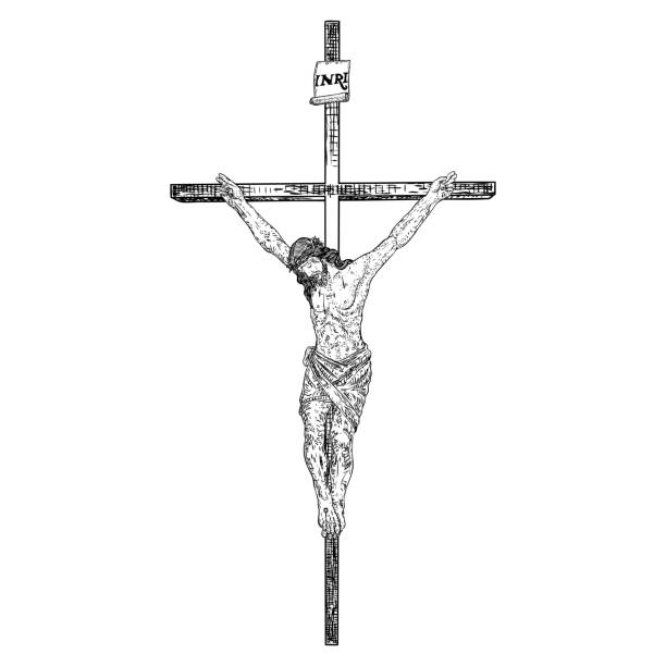 illustrations, cliparts, dessins animés et icônes de jésus sur la croix, la crucifixion du fils de dieu, croquis dessinés à la main avant vendredi. vector. - cross shape cross rough wood