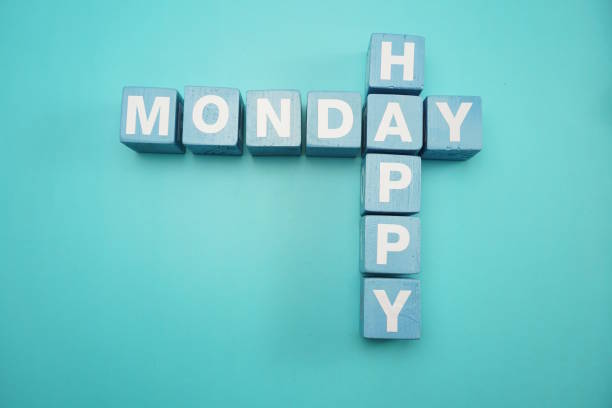 Happy Monday alphabet letters with space copy on blue background