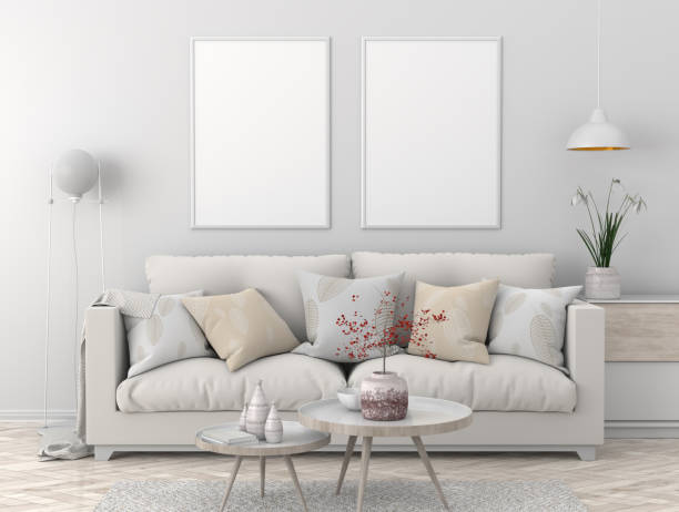istock Mock up poster frame in Scandinavian style hipster interior. 3D illustration 1068637196