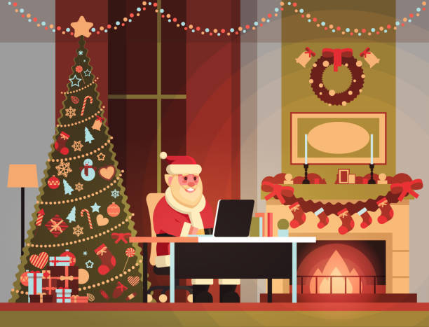 santa claus in living room decorated for christmas new year holiday using laptop pine tree fireplace home interior concept flat santa claus in living room decorated for christmas new year holiday using laptop pine tree fireplace home interior concept flat vector illustration sitting by fireplace stock illustrations
