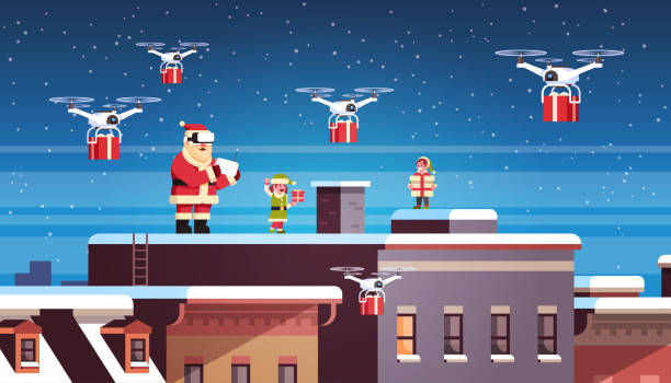 santa claus with elves on roof hold controller drone delivery present service happy new year merry christmas holiday concept flat horizontal santa claus with elves on roof hold controller drone delivery present service happy new year merry christmas holiday concept flat horizontal vector illustration santa claus elf assistance christmas stock illustrations