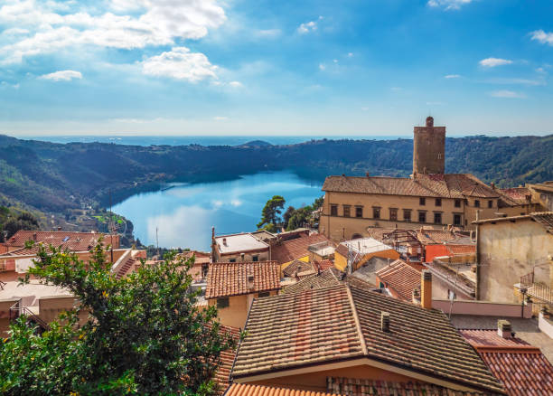 Nemi, Italy - The town of Castelli Romani on the lake A nice little town in the metropolitan city of Rome, on the hill overlooking the Lake Nemi, a volcanic crater lake. historic district photos stock pictures, royalty-free photos & images