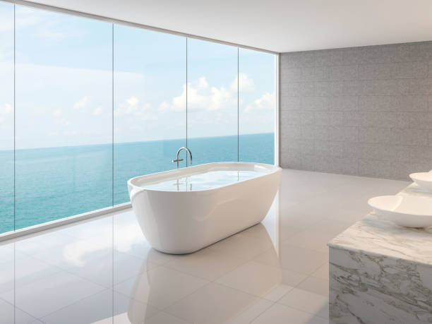 istock Minimal loft bathroom with sea view 3d render 1068648362