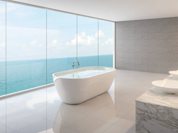 minimalna łazienka na poddaszu z widokiem na morze 3d render - villa house marble tropical climate zdjęcia i obrazy z banku zdjęć