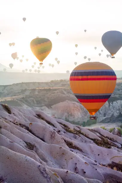 Landscape with balloons in the air at sunrise. Cappadocia. Turkey